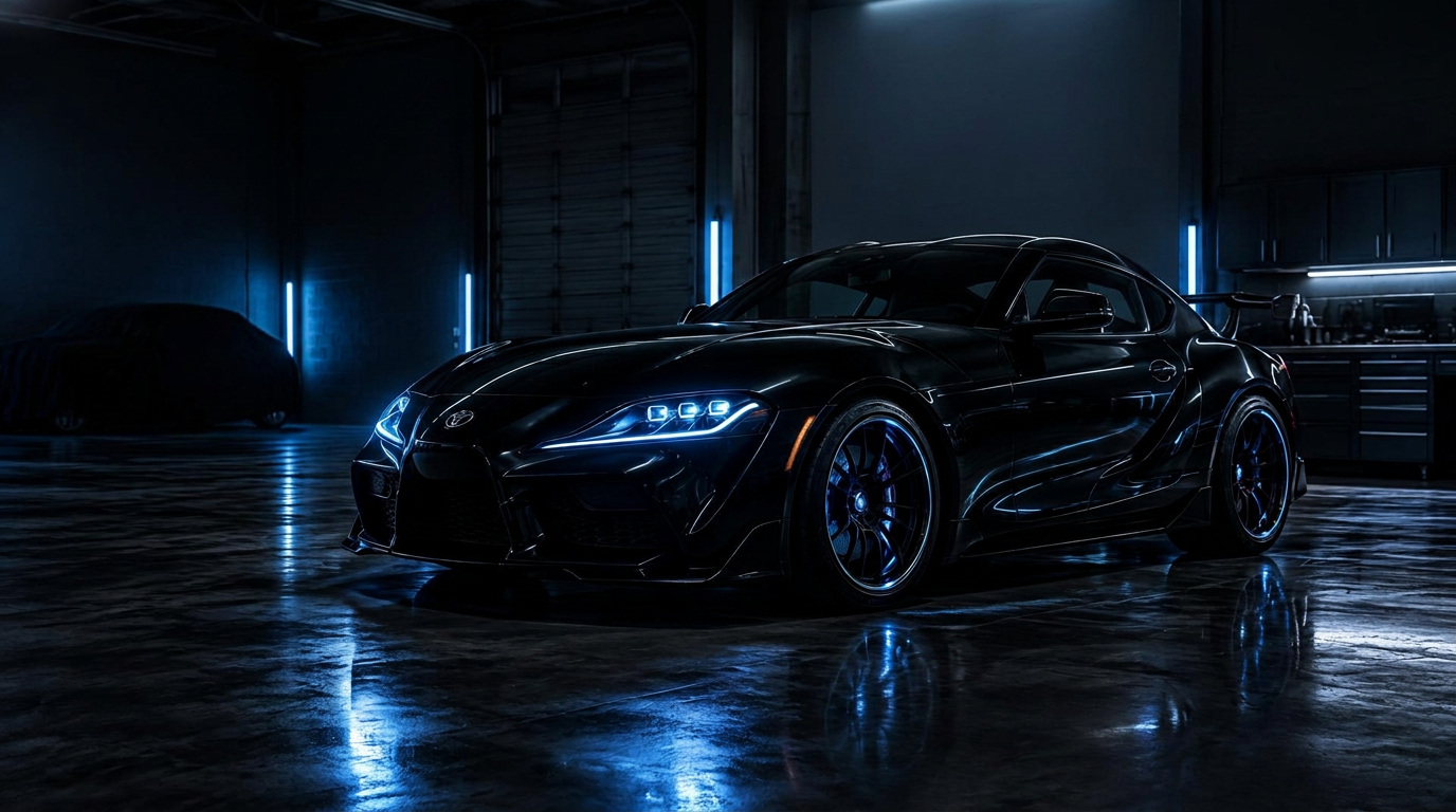 Custom black sports car with blue LED lighting at Sweet Wheelz Mississauga